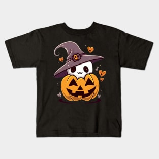 Lovely Ghost in a Pumpkin with witch hat Kids T-Shirt